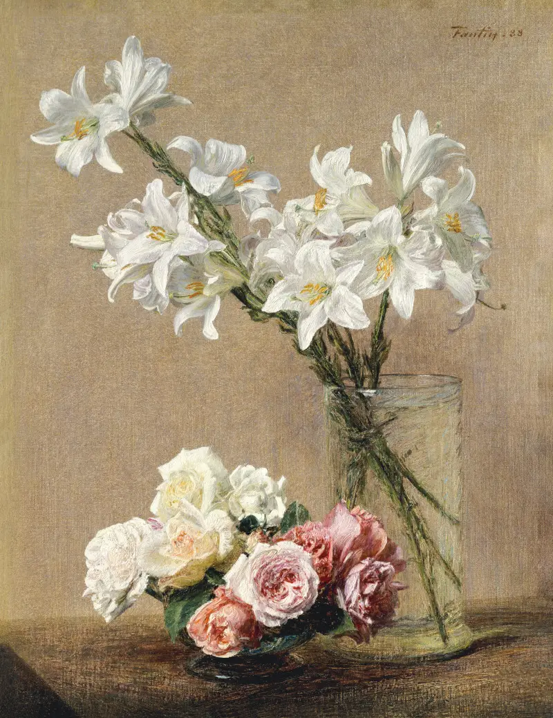 Roses and Lilies Still Life in Vase (1888) by Henri Fantin-Latour